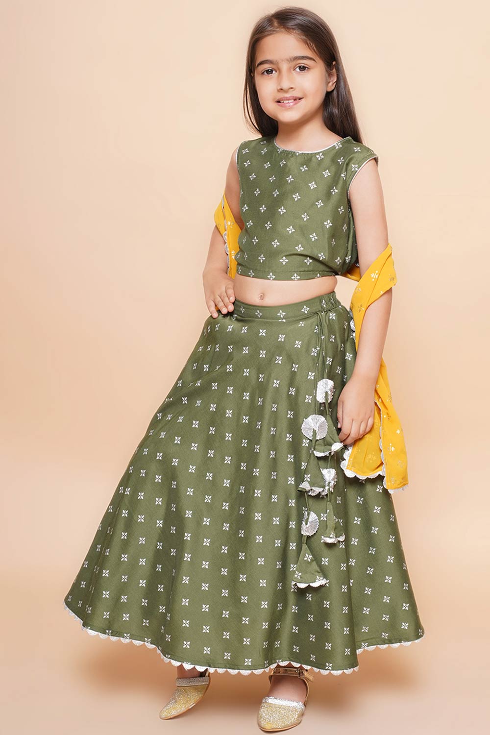 Olive Silk Blend Printed Flared Round Neck Lehenga Choli