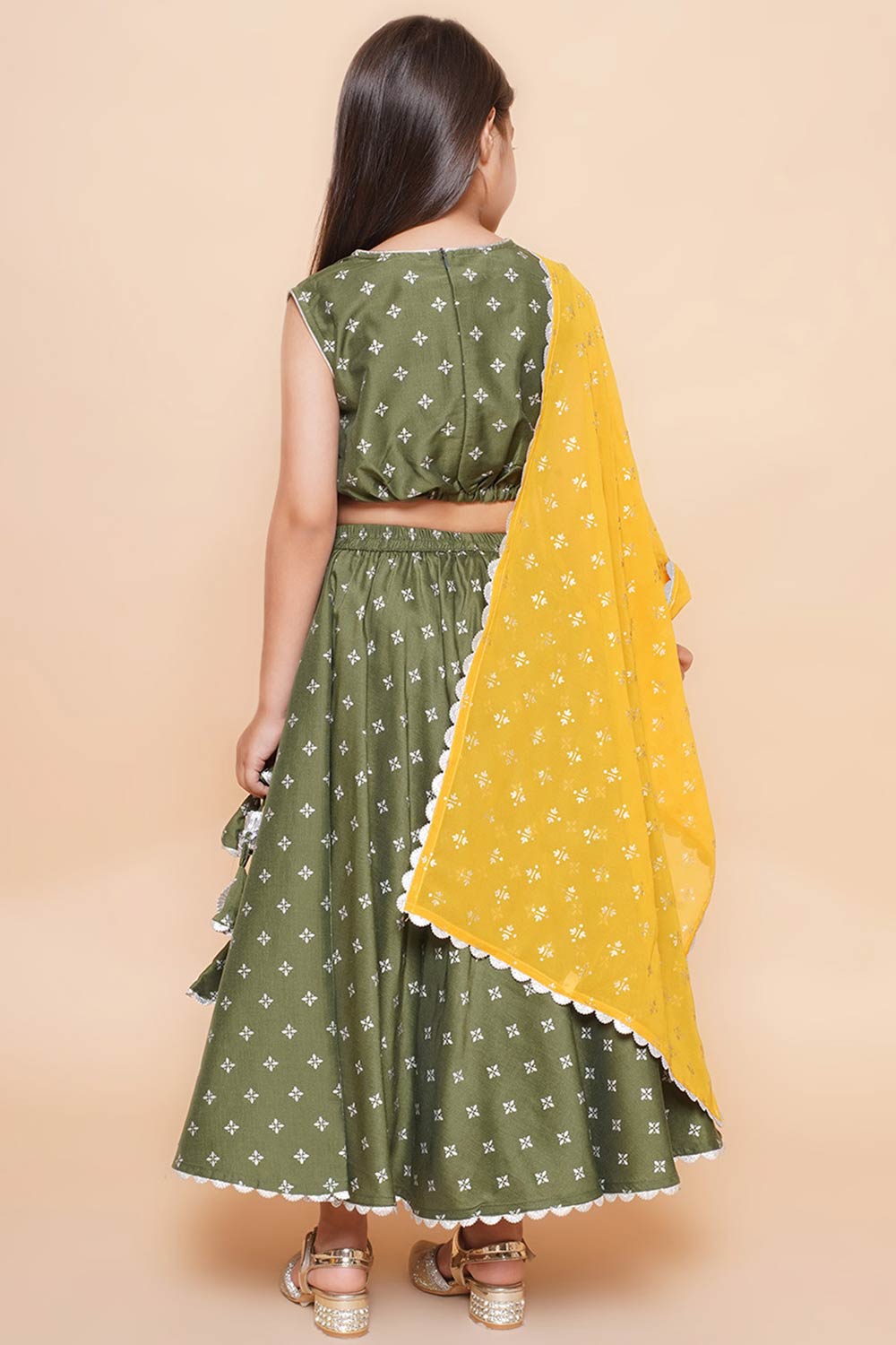 Olive Silk Blend Printed Flared Round Neck Lehenga Choli