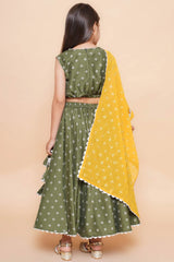 Olive Silk Blend Printed Flared Round Neck Lehenga Choli