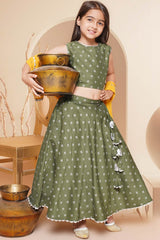 Olive Silk Blend Printed Flared Round Neck Lehenga Choli