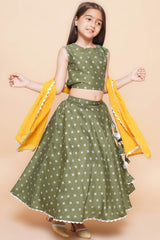 Olive Silk Blend Printed Flared Round Neck Lehenga Choli