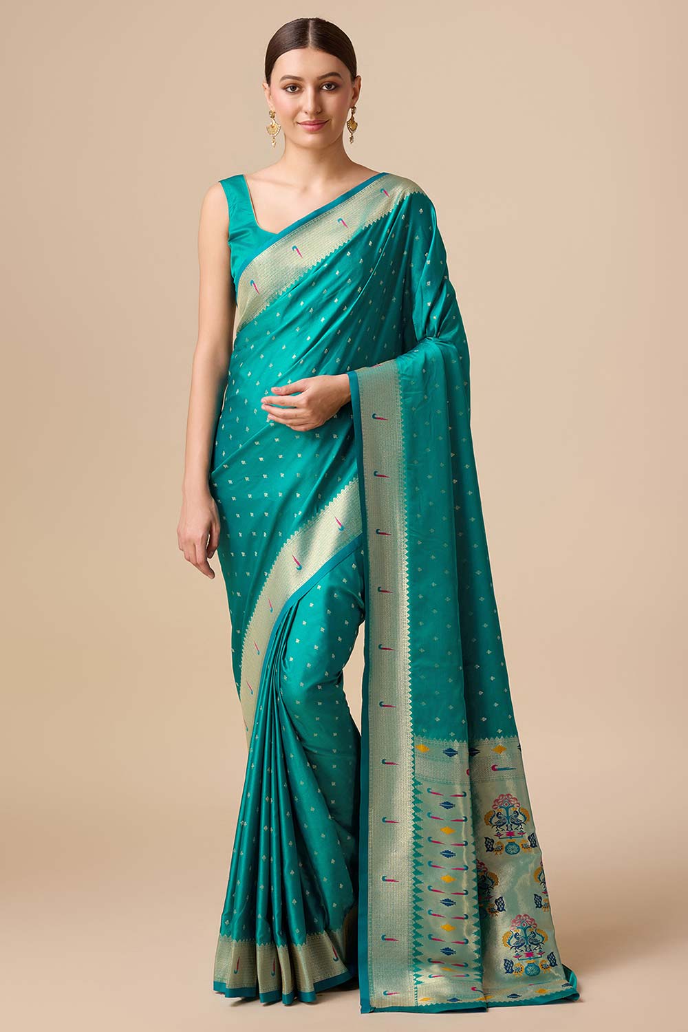 Teal Blue Paithani Silk Weaving Saree