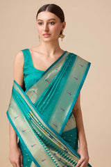 Teal Blue Paithani Silk Weaving Saree