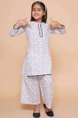 Off White Pure Cotton Printed Straight Round Neck Kurta Set