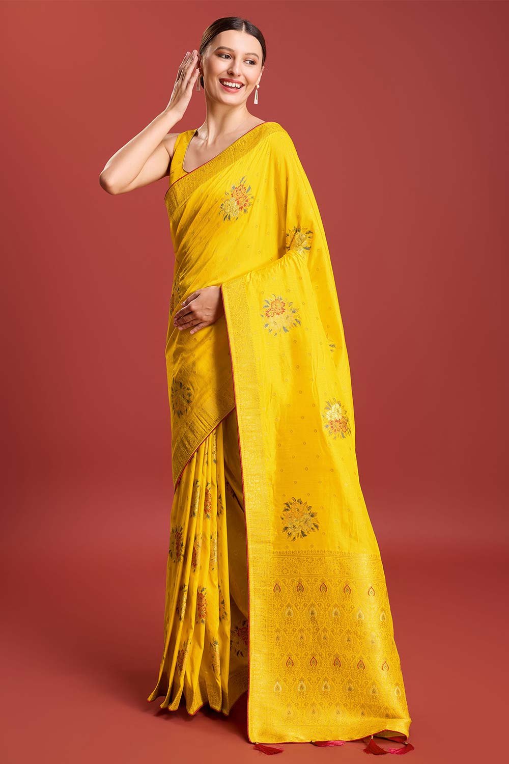 Yellow Dola Silk Weaving Indian Saree