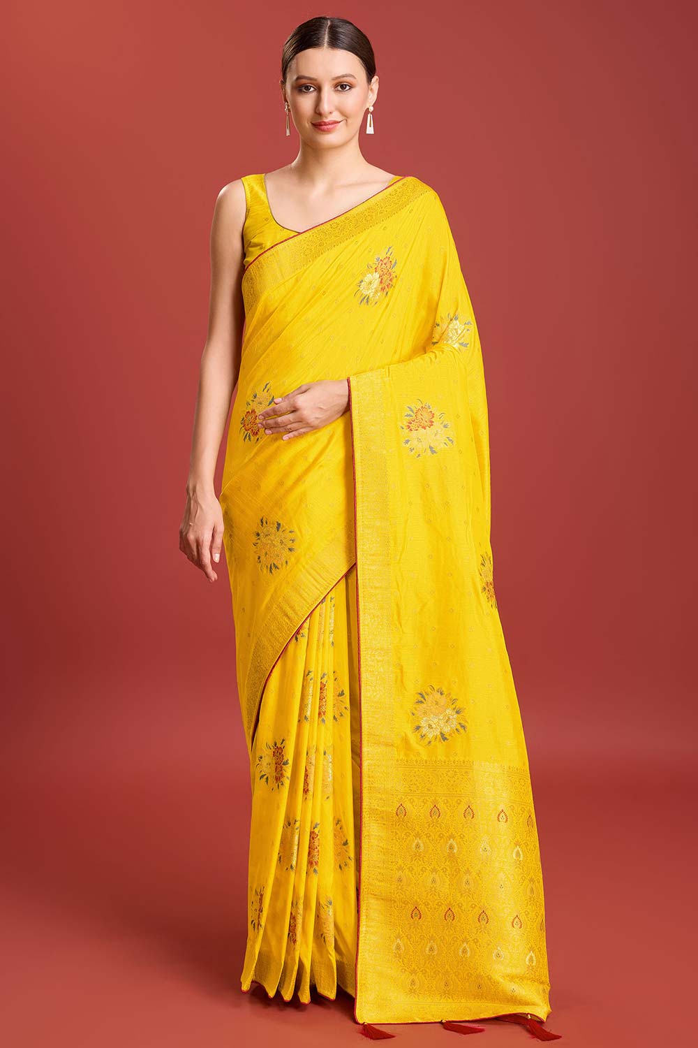 Yellow Dola Silk Weaving Indian Saree