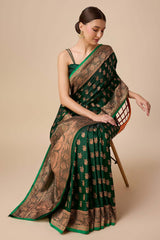 Dark Green Banarasi Silk Woven Saree For Women