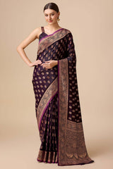 Dark Purple Banarasi Silk Woven Saree For Women