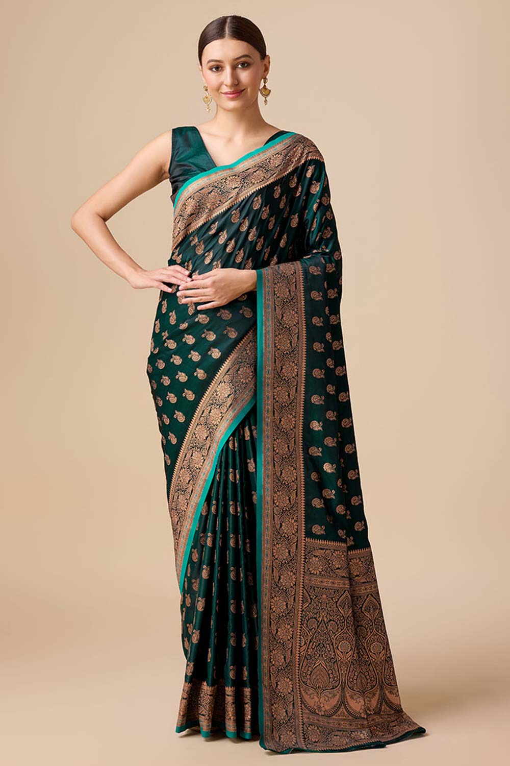 Dark Teal Banarasi Silk Woven Saree For Women