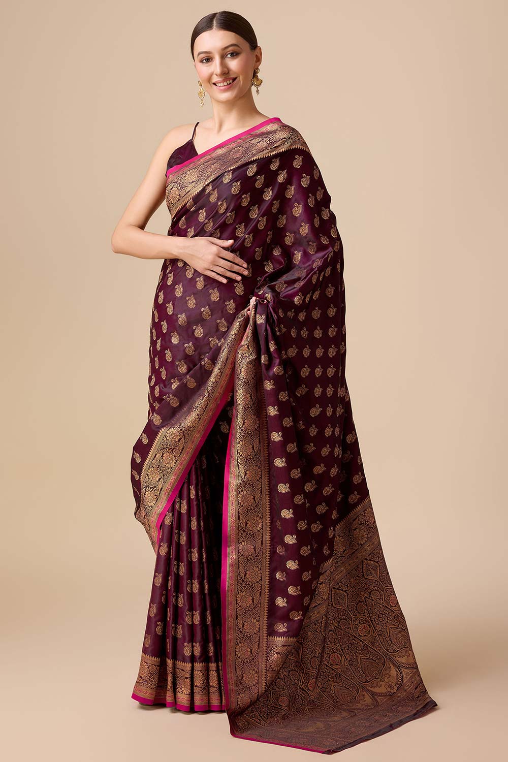 Wine Banarasi Silk Woven Saree For Women