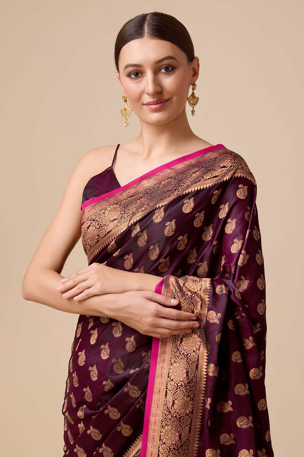 Wine Banarasi Silk Woven Saree For Women