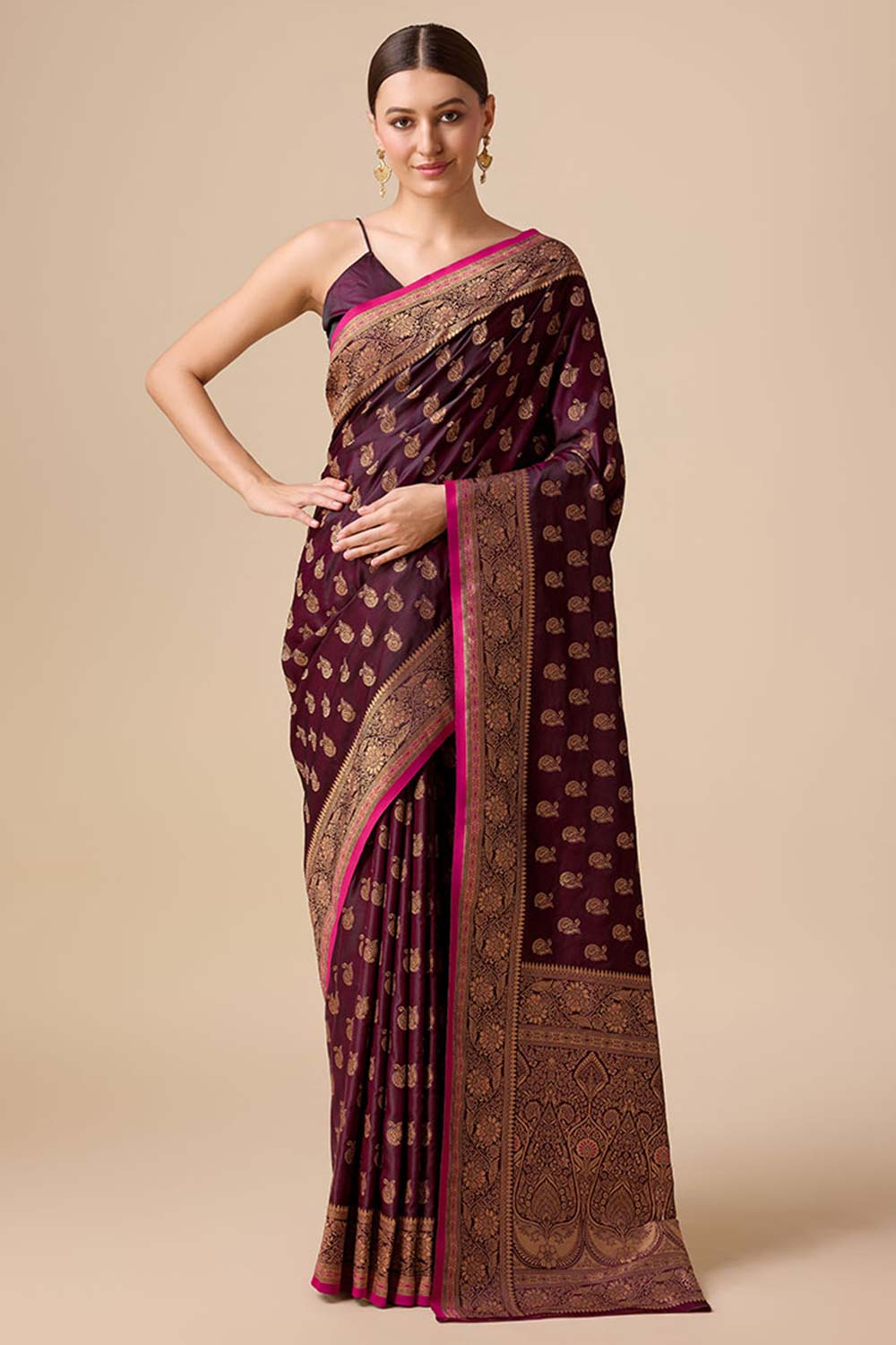 Wine Banarasi Silk Woven Saree For Women