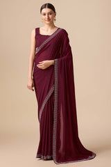 Wine Organza Silk Saree