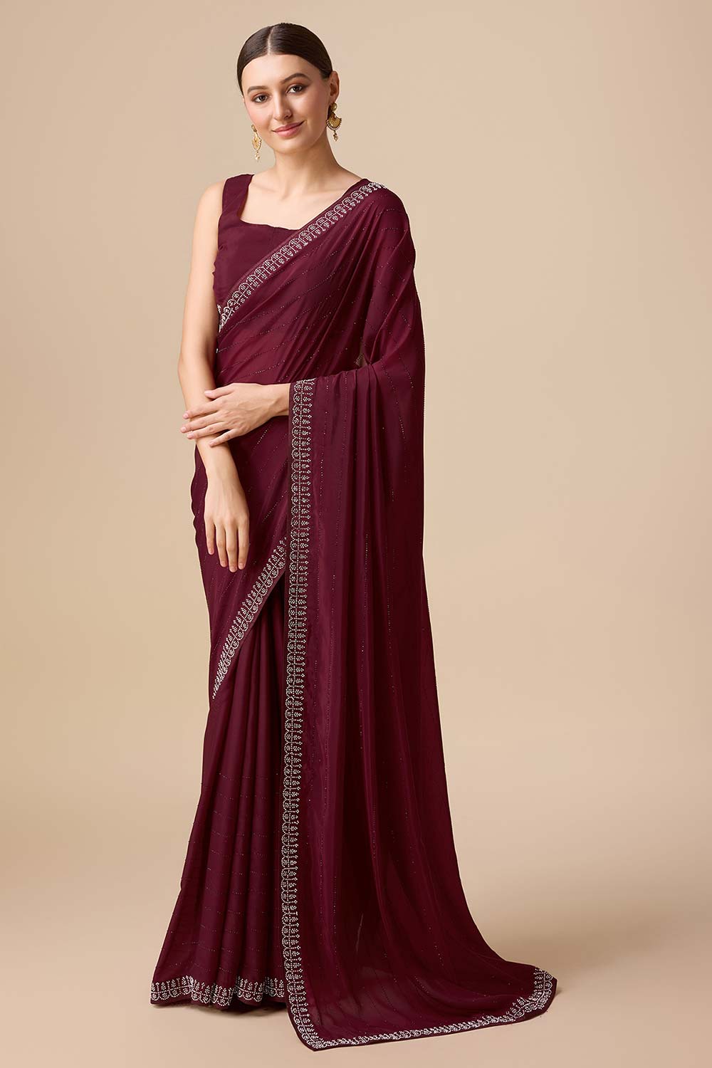 Wine Organza Silk Saree