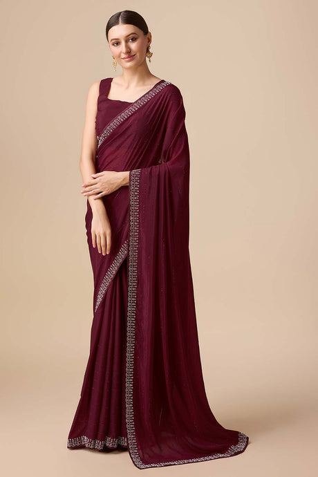 Wine Organza Silk Saree