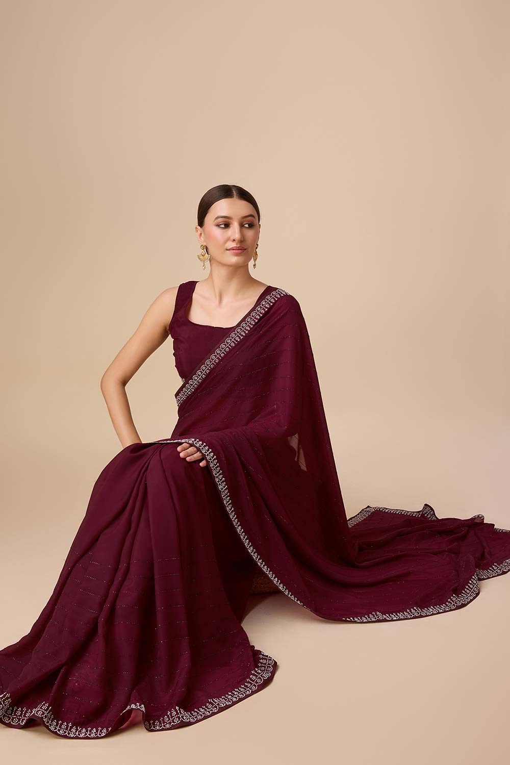 Wine Organza Silk Saree