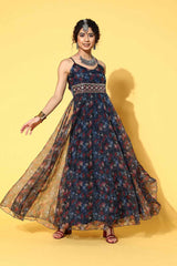 Blue Ethnic Motifs Embroidered Nylon Dress