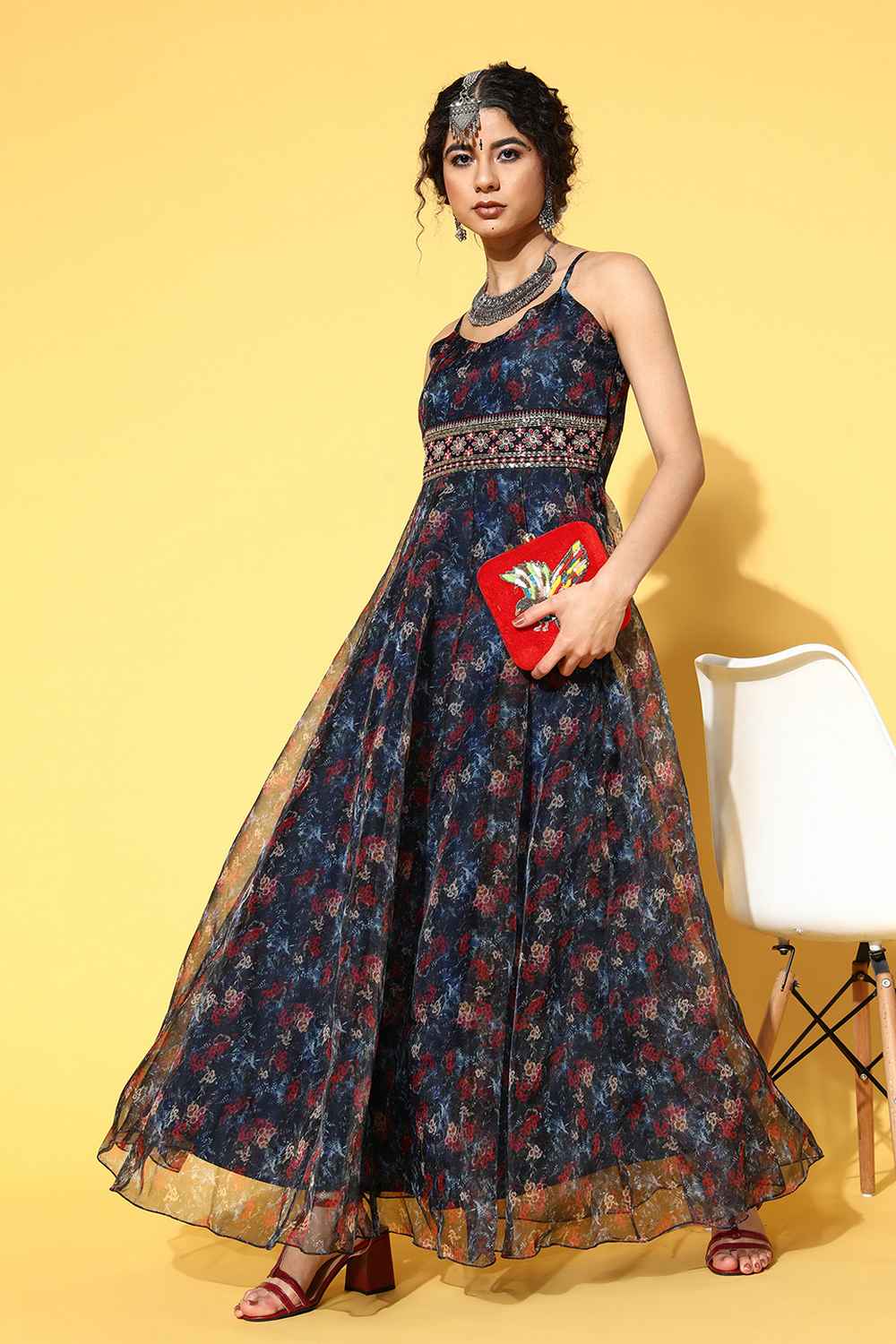 Blue Ethnic Motifs Embroidered Nylon Dress