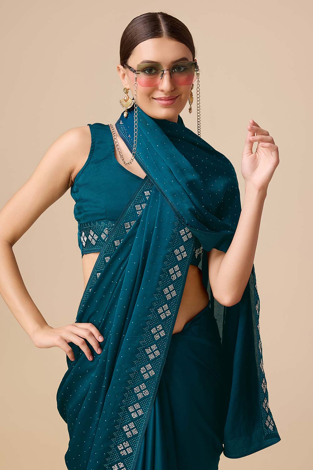 Teal Satin Silk Saree