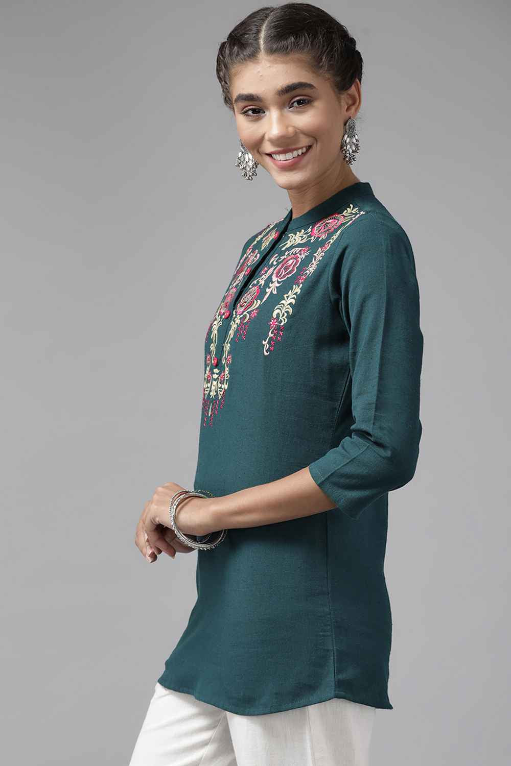 Turquoise Embroidered Cotton Top