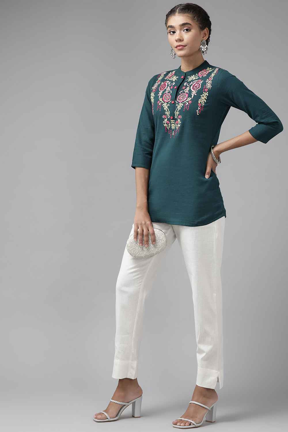 Turquoise Embroidered Cotton Top