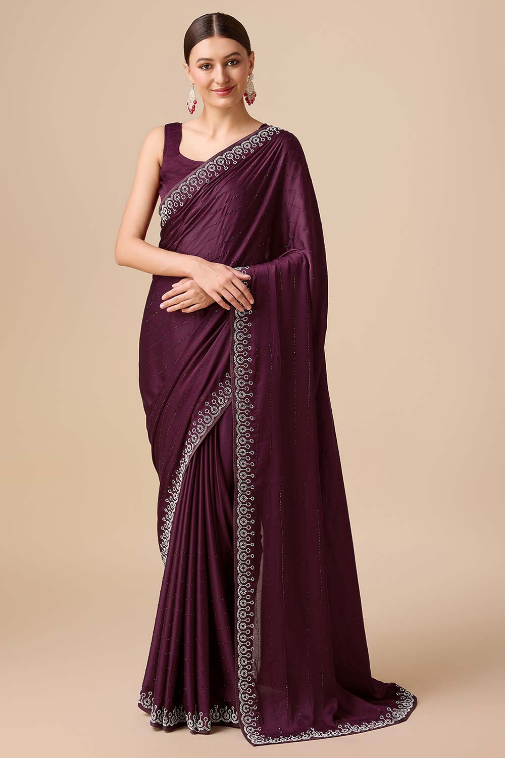 Wine Satin Silk Saree