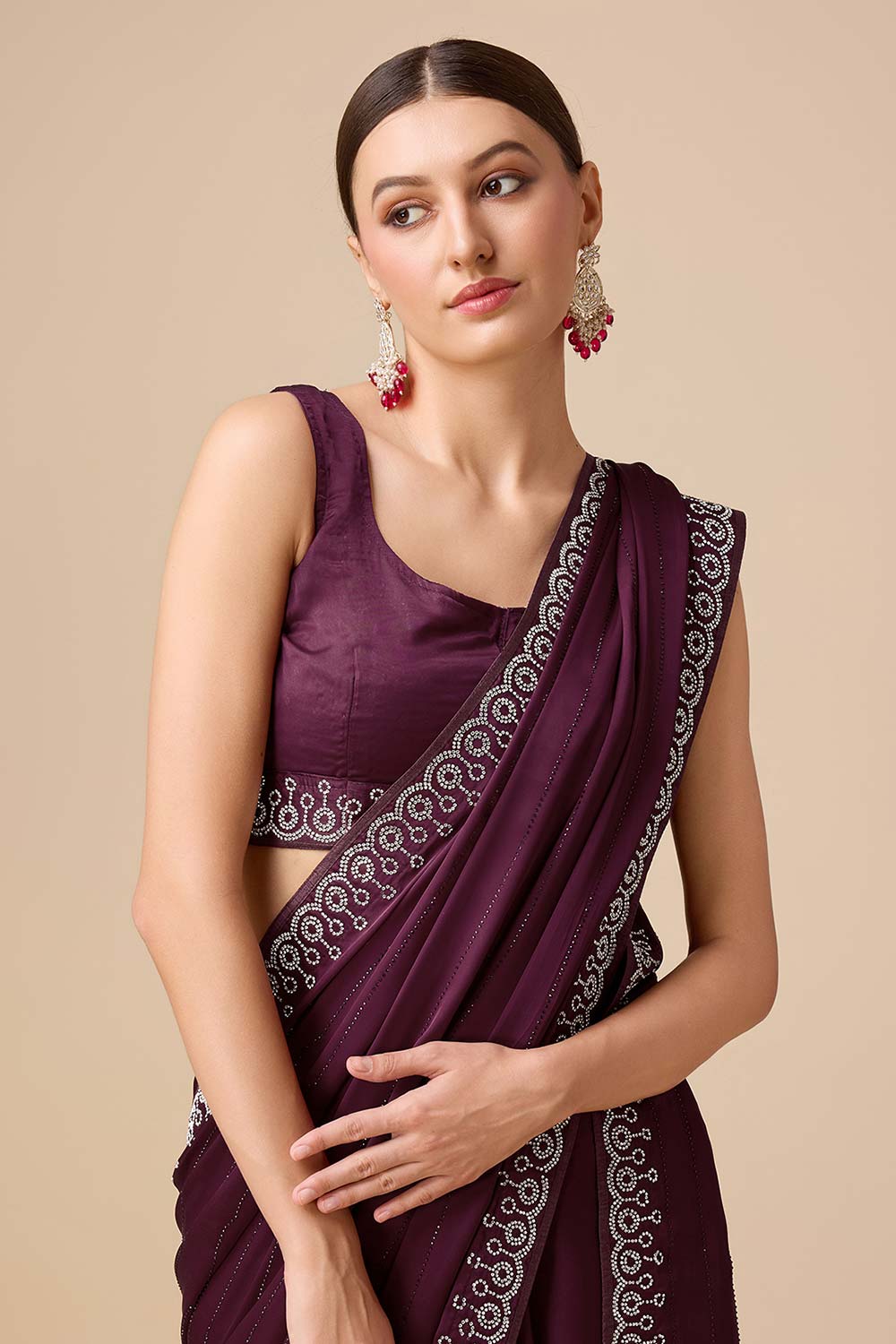 Wine Satin Silk Saree