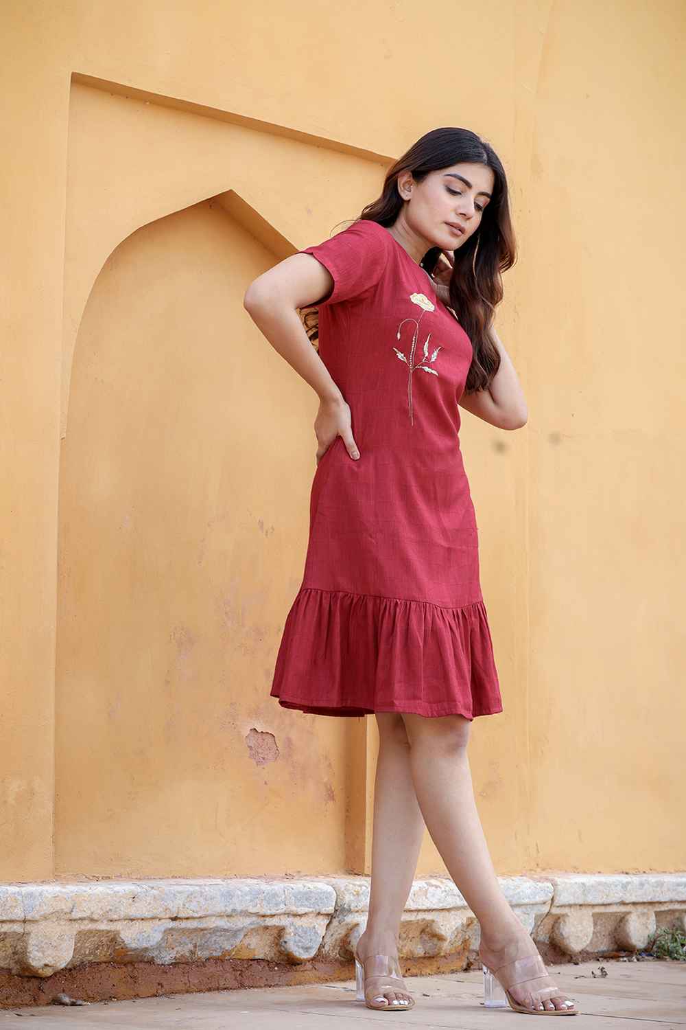 Red Solid Embroidered Rayon Dress