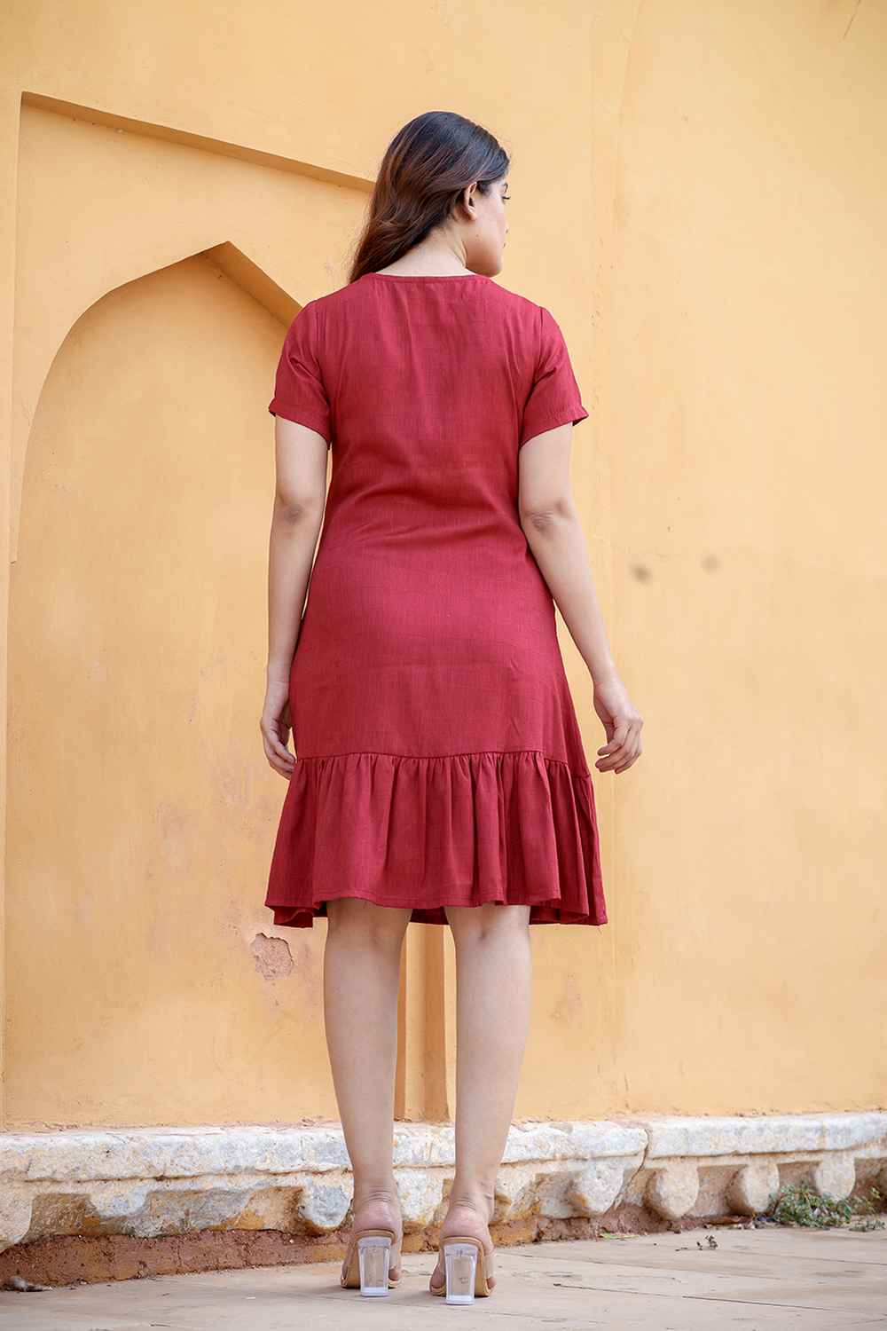 Red Solid Embroidered Rayon Dress