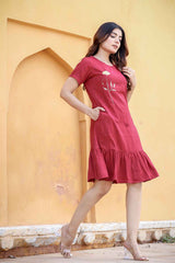 Red Solid Embroidered Rayon Dress