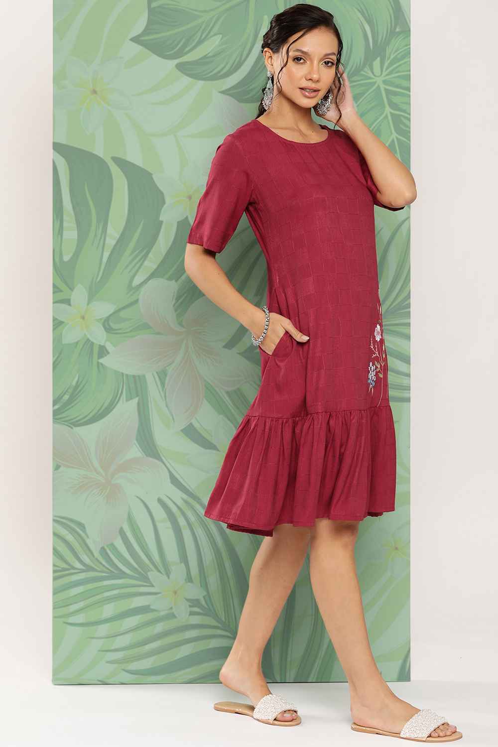 Red Embroidered Rayon Dress