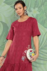 Red Embroidered Rayon Dress