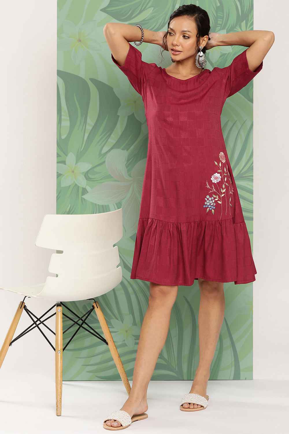 Red Embroidered Rayon Dress