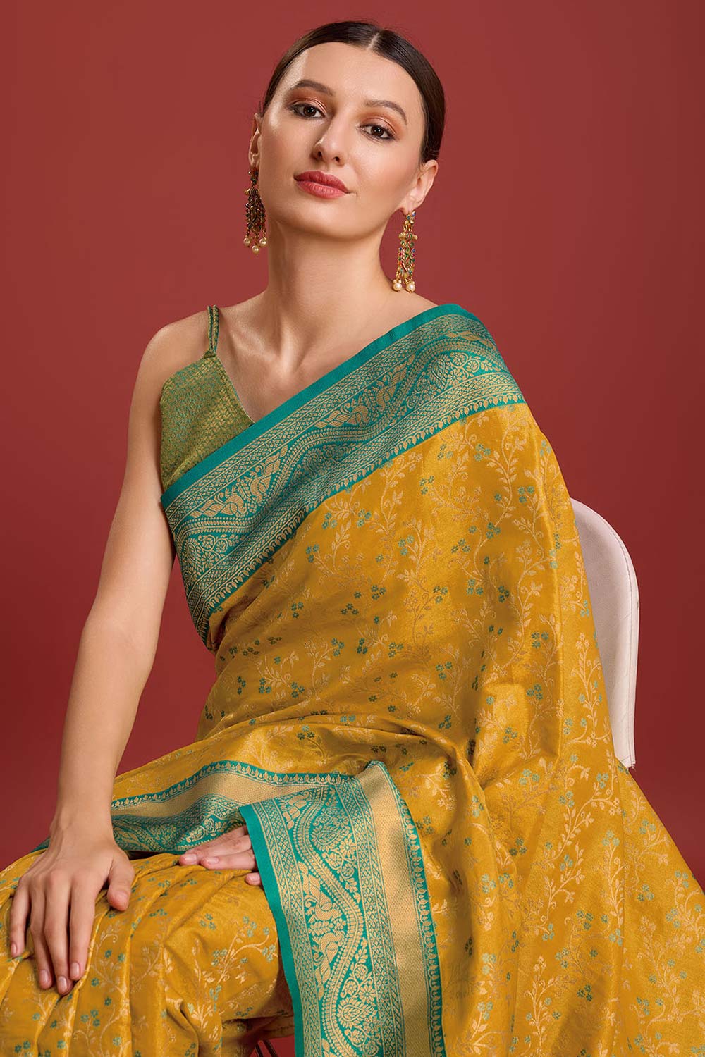 Mustard Weaving Banarasi Silk Saree