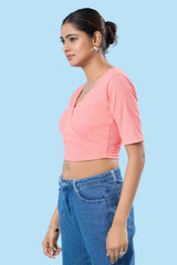 Peach Cotton Lycra Stretchable Elbow Sleeves Blouse