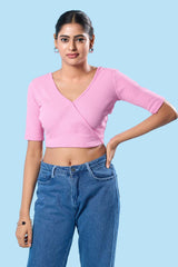 Pink Cotton Lycra Stretchable Elbow Sleeves Blouse