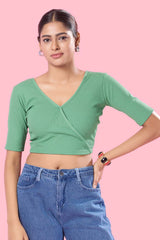 Sea Green Cotton Lycra Stretchable Elbow Sleeves Blouse