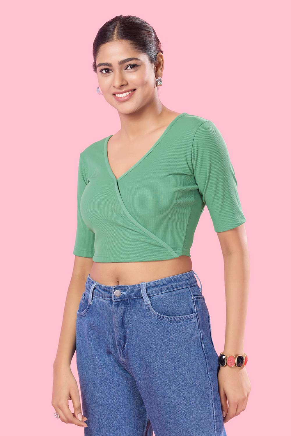 Sea Green Cotton Lycra Stretchable Elbow Sleeves Blouse