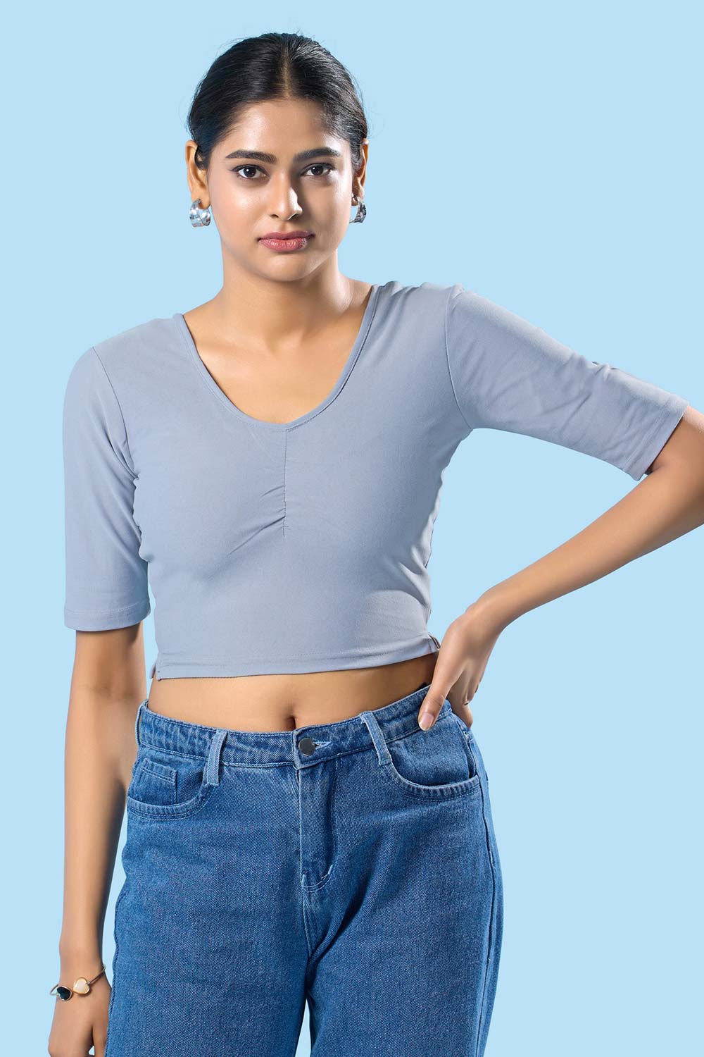 Grey Cotton Lycra Stretchable Elbow Sleeves Blouse