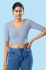 Grey Cotton Lycra Stretchable Elbow Sleeves Blouse