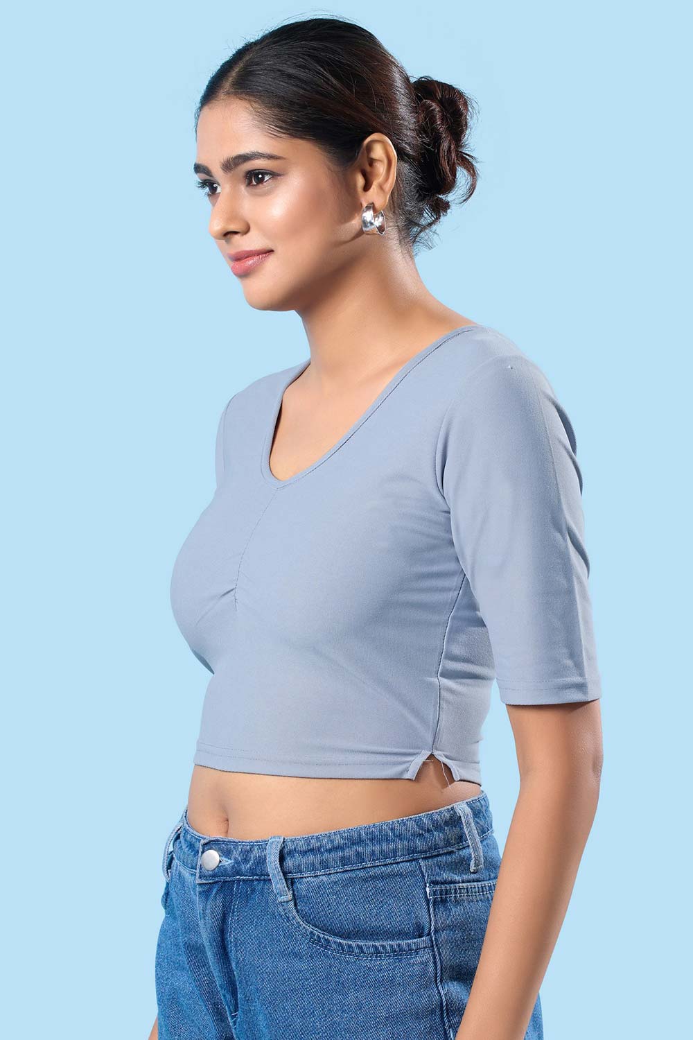 Grey Cotton Lycra Stretchable Elbow Sleeves Blouse