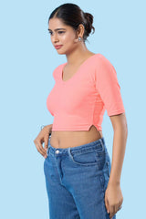 Peach Cotton Lycra Stretchable Elbow Sleeves Blouse