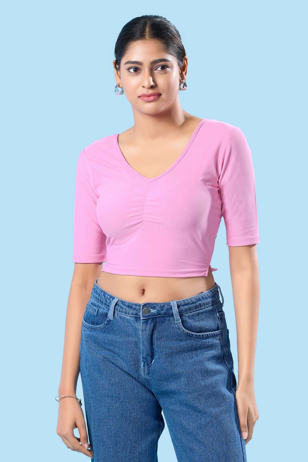 Pink Cotton Lycra Stretchable Elbow Sleeves Blouse