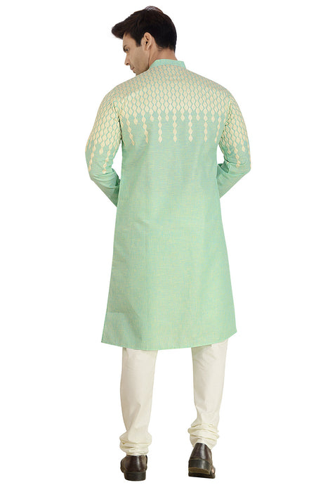 Men's Green Cotton Embroidered Kurta Pajama