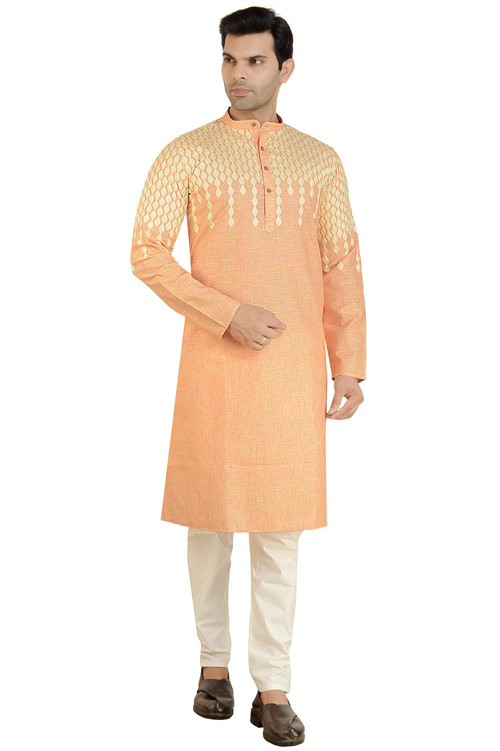 Men's Orange Cotton Embroidered Kurta Pajama