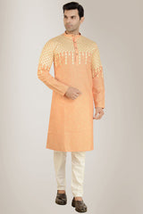 Men's Orange Cotton Embroidered Kurta Pajama