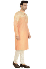 Men's Orange Cotton Embroidered Kurta Pajama