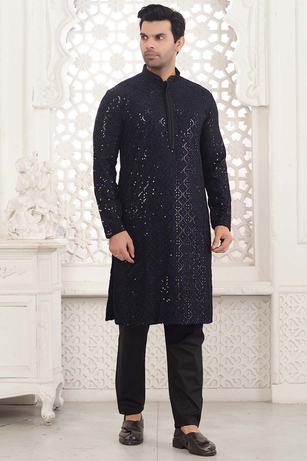 Blue Cotton Sequins Embroidered Kurta Pajama Set