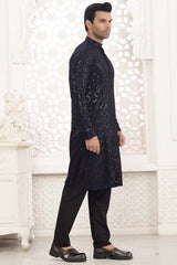 Blue Cotton Sequins Embroidered Kurta Pajama Set