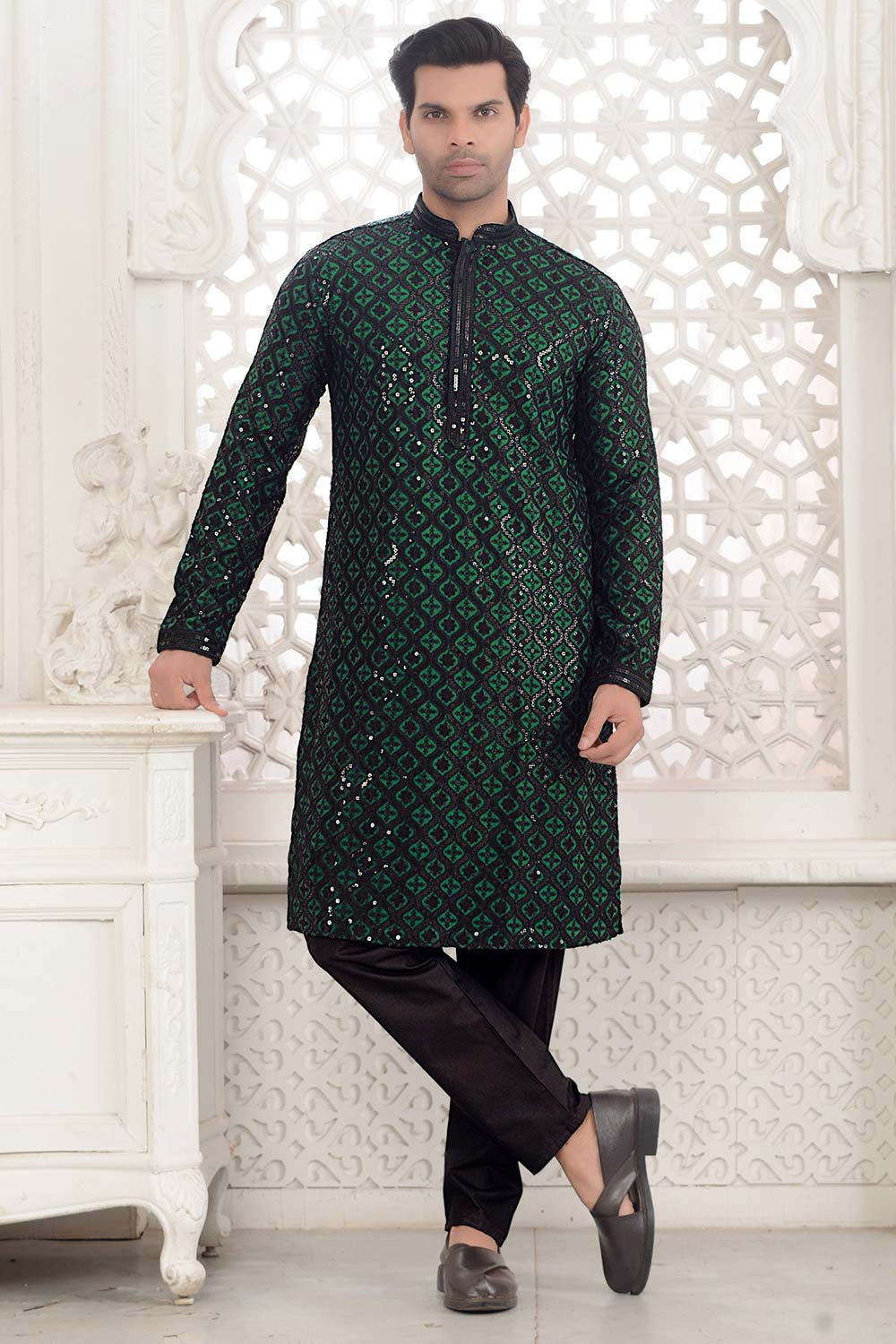 Bottle Green Cotton Sequins Embroidered Kurta Pajama Set